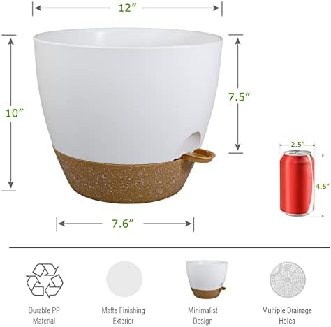 UOUZ 12inch 2Pack Large Self Watering Planters, Plastic Plant Pots with 60oZ Removable Deep Reservoir and Multi Mesh Drainage Holes for Indoor Outdoor Garden Plants and Flowers, White with Brown - Image 2