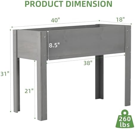 Raised Garden Bed with Legs, 40x20x31, Outdoor Wood Elevated Planter Box, Grey Cedar, Thick Legs, w/Liner - Image 3