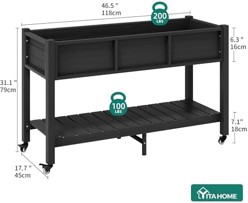 YITAHOME Raised Garden Bed HDPE, 47x18x31In Raised Flower Bed Poly-Wood Weather-Resistant Elevated Planter Box with Lockable Wheels & Storage Shelf for Vegetable Flower, Black - Image 4