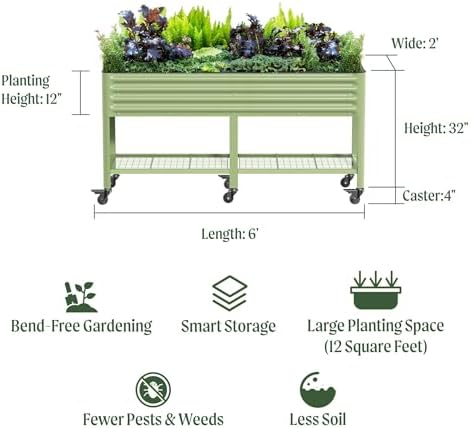 Vego garden Rolling Elevated Raised Garden Bed, 2' x 6' Outdoor Planters Boxes with Legs & Storage Rack for Patio, 1000 Lbs Weight Capacity, Raised Beds for Gardening, Pearl White - Image 2