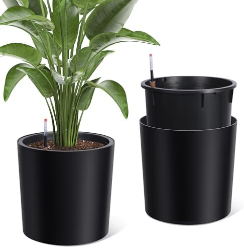Takywep Set of 2 Large Round Planters – 19.5" Tall Self Watering Plant Pots with Drainage & Water Level Indicator, Indoor Outdoor Planters with Wheels-Black - Image 2