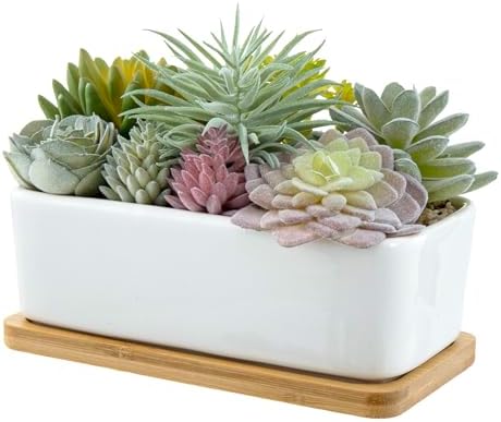 MyGift Faux Succulent Plant Arrangement, White Ceramic Pot with Bamboo Tray by MyGiftHome