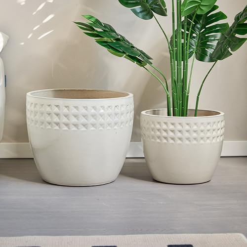 Glazed Ceramic Planter Set of 3, 15/12/9 Inch Flower Pots, Ancient White - Image 4