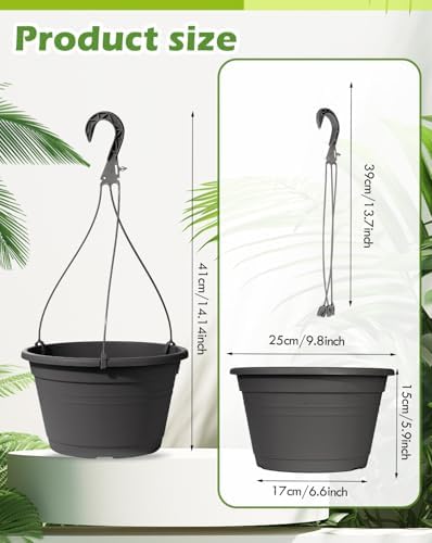 4 Pcs Hanging Planters,10" Hanging Pots Plastic Hanging Flower Plant Basket with Drainage Trays & Chain Holder for Outdoor Indoor Plants Garden Balcony Decoration, Dark Gray - Image 2