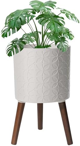 12 Inch Planter Pot with Stand, Planter for Indoor Plants, Modern Large Flower Planter Pot with Drainage Holes for Outdoor,Matte White by nacltlo