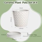 EFISPSS Ceramic Plant Pots Indoor, 5 Inch Planters with Drainage Holes and Ceramic Tray, Relief Design Flower Planter, Desktop Office Windowsill Decoration Gift Set of 4, White - Image 2