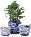 Selamica Ceramic Plant Pots, 4.6+5.6+6.5 Inch Planters with Drainage Holes & Saucer, Flower Pots for Indoor Plants, Home Decor, Set of 3, Vintage Blue by Selamica