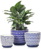 Selamica Ceramic Plant Pots, 4.6+5.6+6.5 Inch Planters with Drainage Holes & Saucer, Flower Pots for Indoor Plants, Home Decor, Set of 3, Vintage Blue by Selamica