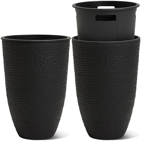 Worth Garden 2-Pack 21" H. Black Tall Planters with Inside Pots - 14'' Dia Plastic Large Round Plant Tree Pots - Decorative Imitation Stone Finish for Indoor Outdoor Front Porch Container Patio by WORTH