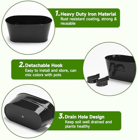 KINGLAKE Flower Pots,10 Pcs Metal Iron Hanging Flower Plant Pot Balcony Garden Plant Planter Baskets Fence Bucket Pots 10.6" & 5.1" Flower Holders with Detachable Hook Black - Image 3