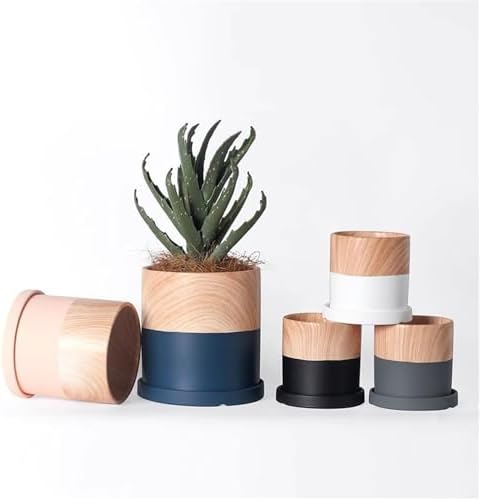 Plant Pot Cylindrical Planter Pot, with Saucers Tray and Drainage Holes Ceramic Flower Pot, Blue with Woodgrain Small Planter, for Balcony Living Room Bedroom Flower Pots - Image 5