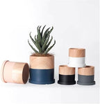 Planter Cylindrical Planter Pot, with Saucers Tray and Drainage Holes Ceramic Flower Pot, Blue with Woodgrain Small Planter, for Balcony Living Room Bedroom Flower Pots - Image 5