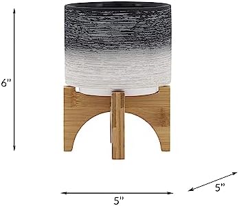 5" Ceramic Planter with Wood Stand, 5 Inch, Gray - Image 2