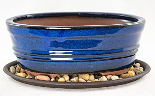 8.25" Oval Dark Blue Stain Glazed Bonsai Pot, Cactus & Succulent Planter + Tray + Rock + Mesh and Wire Combo (658-8B Combo) - Image 2