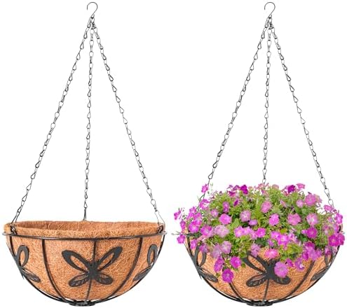 Hanging Baskets Planter for Plants, 2 Pack 14 Inch Round Metal Wire Hanging Flower Pots with Coco Coir Liner Chain, Plant Holder for Home Garden Balcony Decor by ARVINKEY