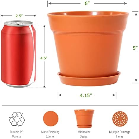 WOUSIWER 16 Pack 6 inch Plastic Planters, Plastic Indoor Planter Flower Pots, Heavy Duty and Stylish 6 Inch Plant Pots for Indoor Plants with Drainage Holes and Tray for Plants, Flowers, Terracotta - Image 3