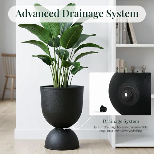 KOL Planters Flower Pots, Plastic Urn Planters for Indoor Outdoor Plants, Black Pedestal Planter Pots 2 Pack, 15 Inch Tall Decorative Planters with Drainage Holes & Plugs for Front Porch Patio Garden - Image 3