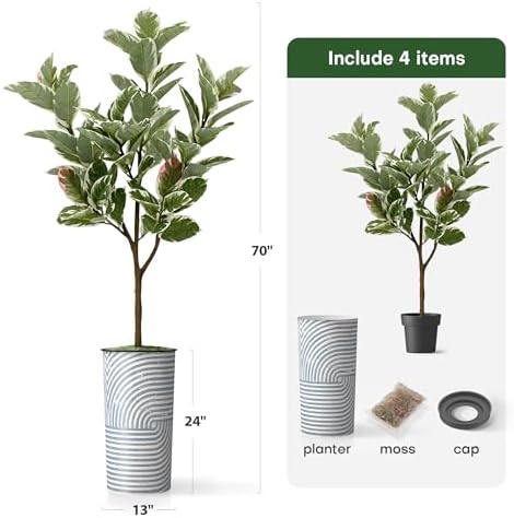 Artificial Tree in Modern Geometric Pattern Planter, Fake Rubber Silk Tree for Indoor and Outdoor Home Decoration - 70" Overall Tall (Plant Pot Plus Tree) - Image 5