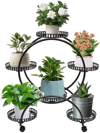 Metal Plant Stands 6 Pots Plants Flower Holder 4 Tier Display Shelf Rack with Wheels for Patio Garden Yard Home Decor Indoor And Outdoor, Round Black by Unknown
