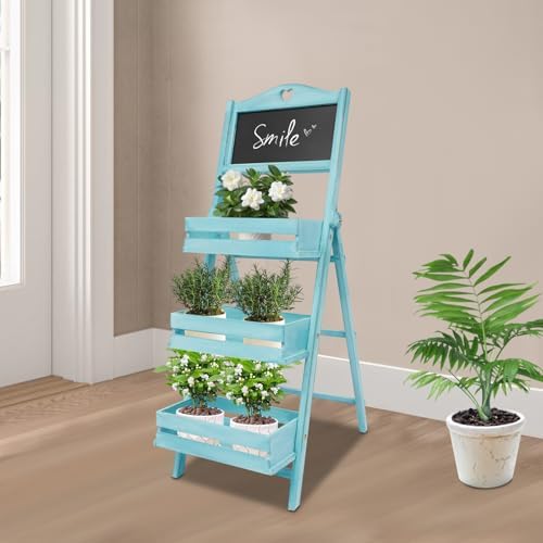 Wooden Plant Stand with Chalkboard, 3-Tier Solid Wood Plant Stand, Fir Wood Ladder Shelf for Indoor/Outdoor Plants, Succulents, 22lbs Load Capacity (Blue) - Image 6