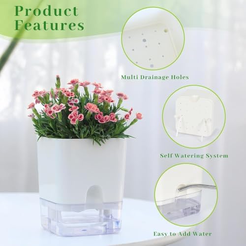 FAMZ Self Watering Pots for Indoor Plants 4 Pack White Self Watering Planters with Water Reservoir and Cotton Wick System, Bottom Watering Plant Pots for African Violet Herbs Small Indoor Plants - Image 5