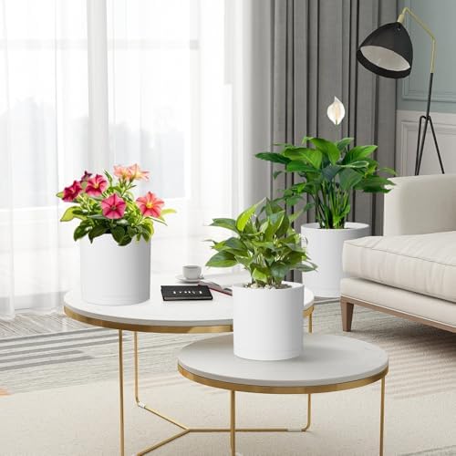Meowell 12/10/8 inch Large Plant Pots, 3 Pack Deep Cylinder Flower Pots for Outdoor Indoor Plants, Tall Plastic Planters with Drainage Holes and Saucers for Garden House Plants, White - Image 7