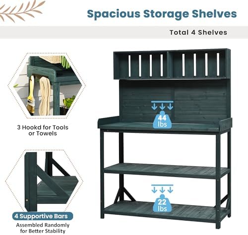 Solid Fir Wood Potting Bench - Outdoor Garden Workstation with 4-Tier Shelves, Side Hooks & Anti-Tipping Safety Device (Forest Green, Standard) - Image 5