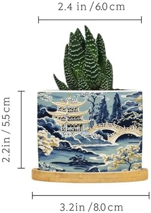 Blue and White Chinoiserie Asian Planter Ceramic Rain Chinoiserie Round Plant Pot with Drainage Holes and Bamboo Tray Pot for Succulents Cactus Garden Windowsill - Image 2