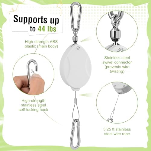 Plant Pulleys for Hanging Plants, Heavy Duty Retractable Hangers, 304 Stainless Steel Rope, Auto Plant Holder, Adjustable Climbing Hook for Garden Baskets Watering, or Bird Feeders (White-4) - Image 3