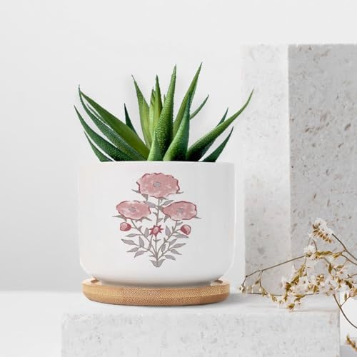 Mughal Flower Planters Ceramic Pink Flower Round Flower Pots with Drainage Holes and Bamboo Tray Pot for Succulents Cactus Garden Windowsill - Image 7