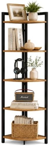 FATORRI Tall Corner Shelf, Industrial Corner Bookshelf, Wood and Metal Corner Shelf Stand for Living Room, Rustic Display Plant Stand for Home Office (Rustic Oak) by FATORRI