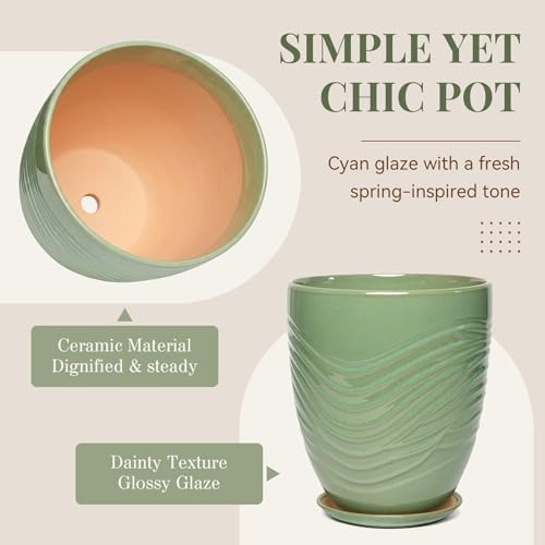 9.5 Inch Modern Ceramic Plant Pot with Saucer, Flower Pot with Drainage Hole Mesh Net,Indoor Outdoor Planter (Crackle-Green) - Image 3