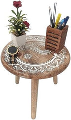 VANIYA CRAFTS® Wooden Engraved Fold-able Side Table/End Table/Plant Stand/Stool for Living Room Bedroom Restaurant Kids Play Furniture Table Round Shape (Natural White) by VANIYACRAFTS