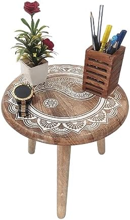 VANIYA CRAFTS® Wooden Engraved Fold-able Side Table/End Table/Plant Stand/Stool for Living Room Bedroom Restaurant Kids Play Furniture Table Round Shape (Natural White) by VANIYACRAFTS