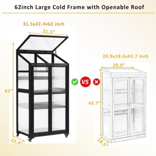 Wooden Greenhouse, Cold Frame Portable Greenhouse with Wheels and Adjustable Shelves for Indoor Outdoor Patio Balcony Garden, 31.5" Lx22.4 Wx62 H, Black (White) - Image 5