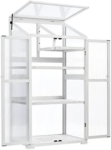 62" Tall Wooden Portable Greenhouse with Wheels, Adjustable Shelves, 3-Tier Cold Frame Plant Cabinet/ Indoor Outdoor Plant Stand, Rolling Mini Greenhouse for Patio, Balcony, Garden (White) - Image 3