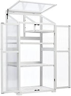 62" Tall Wooden Portable Greenhouse with Wheels, Adjustable Shelves, 3-Tier Cold Frame Plant Cabinet/ Indoor Outdoor Plant Stand, Rolling Mini Greenhouse for Patio, Balcony, Garden (White) - Image 3
