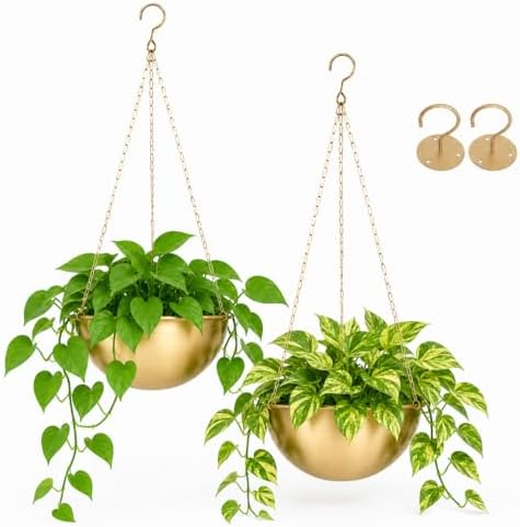 AceList Gold Hanging Planter for Indoor Plants, Set of 2-9.8 Inch Boho Metal Plant Hanger with Hooks & Chain, Brass Finish Hanging Plant Holder for Window, Ceiling & Living Room Decor by AceList