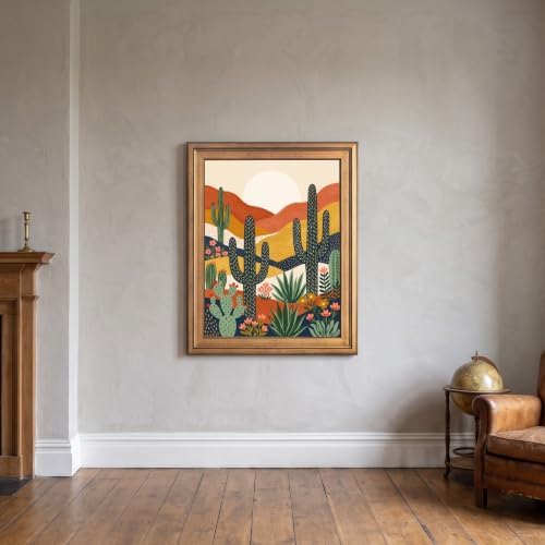Framed Canvas Wall Art Bohemian Gouache Desert Landscape Terracotta Cacti Canvas Print Poster Gold Frame Wall Decor for Living Room Southwestern Art, Boho Home Decor - Inch 16x20 - Image 7