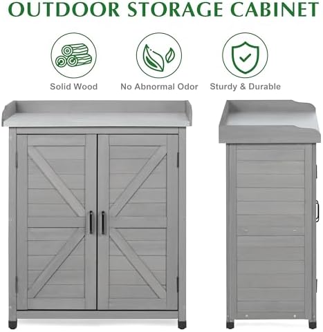Outdoor Storage Cabinet & Potting Bench Table with Metal Top, Wooden Patio Furniture, Garden Workstation (Classic Grey, 39x31.5x17in) - Image 4
