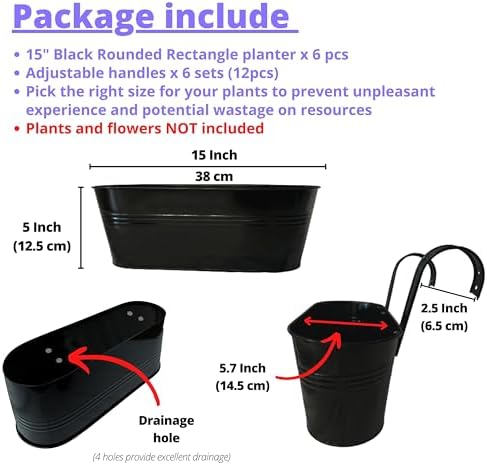 LaLaGreen Fence Rail Planter (15 in, 6 Pack) Black Metal Hanging Boho Pot - Image 2