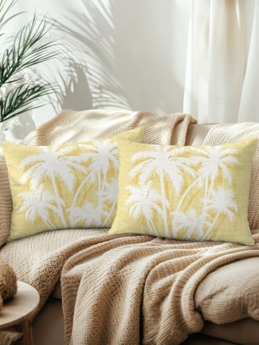 Tropical Palm Tree 12x20 Waterproof Outdoor Lumbar Pillows Set of 2 with Inserts, Vintage Yellow Exotic Botanical Plants Patio Decorative Cushion Pillows for Outdoor Sofa Bench Porch Balcony - Image 2