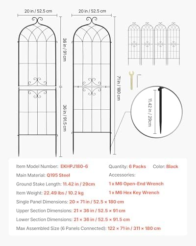 VEVOR 6 Packs Metal Garden Trellis for Climbing Plants Outdoor 71x20in, Rustproof Plant Tall Trellis for Rose Vine Flowers and Vegetables - Image 7