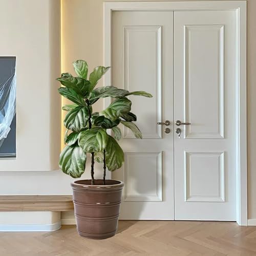 16" Ceramic Planters, Set of 3, 16 Inch, Taupe with Horizontal Rings - Image 5