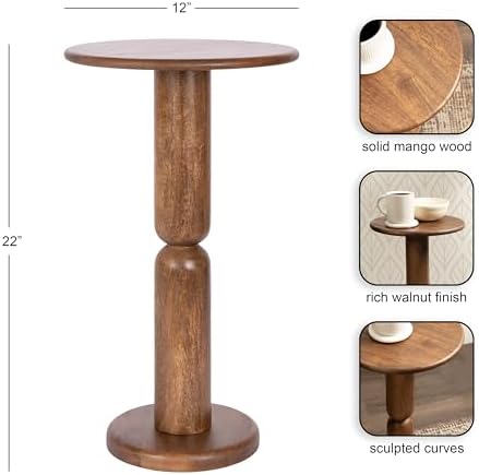 Kate and Laurel Macron Modern Mango Wood Round Side Table, 12 x 12 x 22, Walnut Brown, Transitional Wooden Pedestal Table for Use as Indoor Plant Stand or Useful Living Room End Table - Image 3