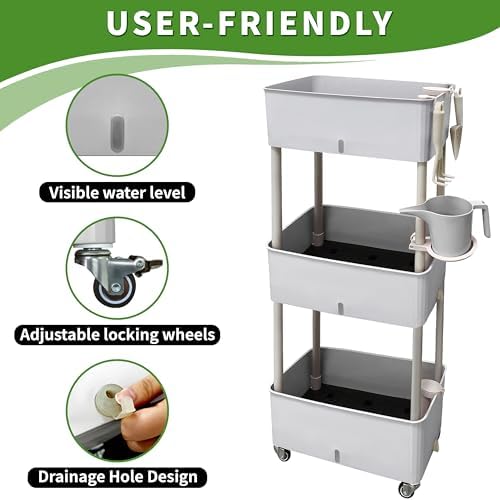 Self-Watering Raised Planter Box with Lockable Wheels,3-Tier Elevated Garden Bed with Visible Water Level Window,Indoor Outdoor Plastic Plant Box for Flowers,Vegetables & Herbs - Image 3