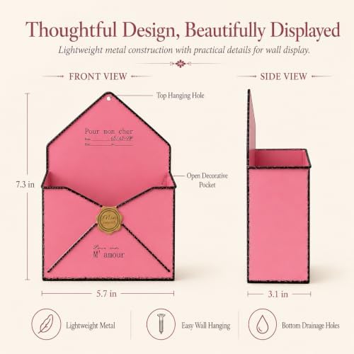 7.3 Inch Metal Envelope Wall Planter Farmhouse Decor Retro Pink - Image 5