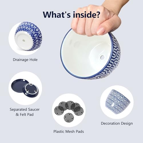 Selamica Ceramic Plant Pots, 4.6+5.6+6.5 Inch Planters with Drainage Holes & Saucer, Flower Pots for Indoor Plants, Home Decor, Set of 3, Vintage Blue - Image 4
