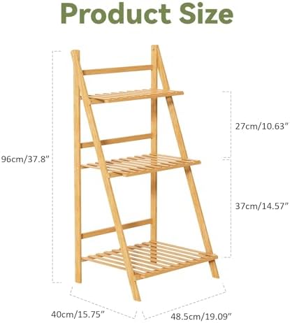 Foldable Ladder Shelf 37.8" Bamboo Plant Shelf 3-Tier Storage Rack - Image 2