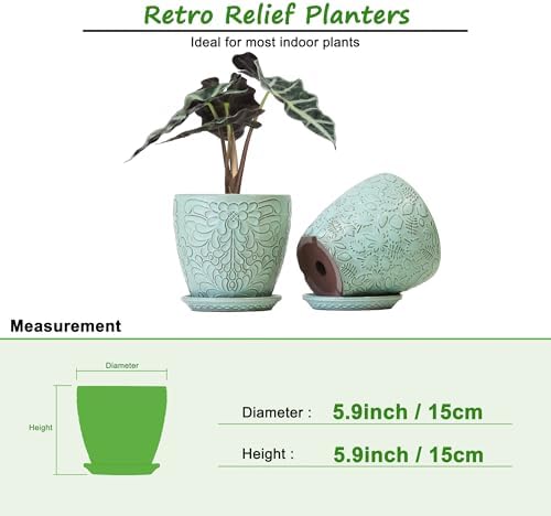 6 Inch Retro Ceramic Planter Set of 2 with Drainage Hole and Saucer for Plants, Indoor-Outdoor Garden Pots for Succulent, Orchid, and Flower (Fits Inner Pots Up to 5 Inches, Retro Green) - Image 3